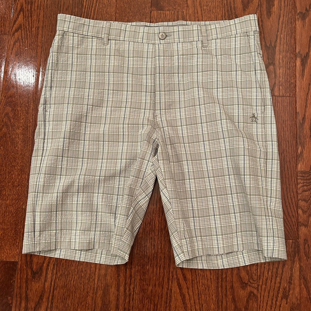 Original Penguin Men's Plaid Flat-Front Shorts - Beige & Light Brown #153